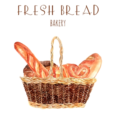Bakery bread advertisement poster with vintage  basket full fresh wheat round loafs and baguette abstract vector illustration