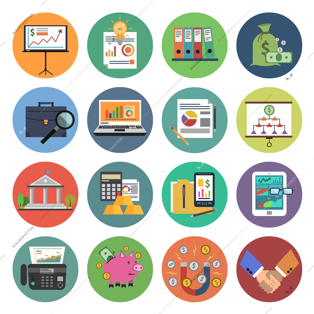 Finance analysis banking management icon flat set isolated vector illustration