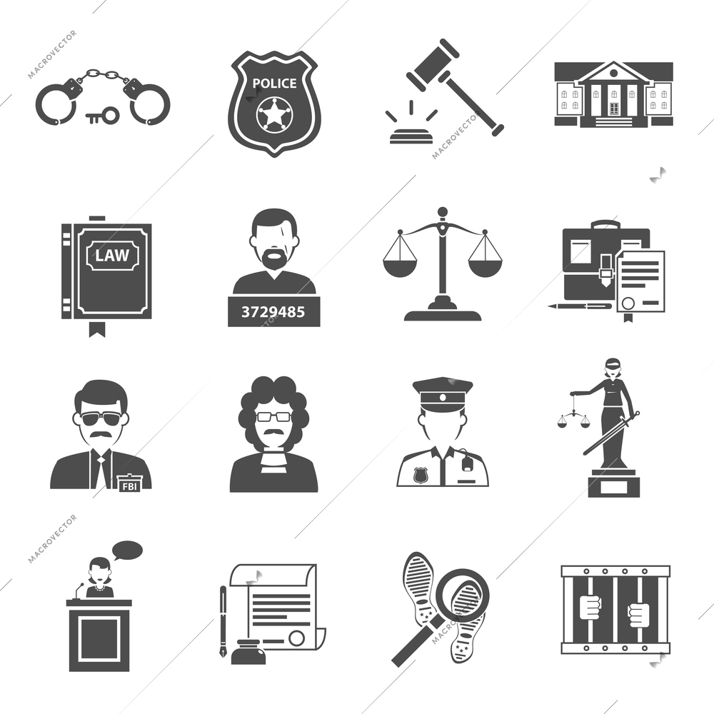 Law icon flat black set with lawyer courthouse judge isolated vector illustration