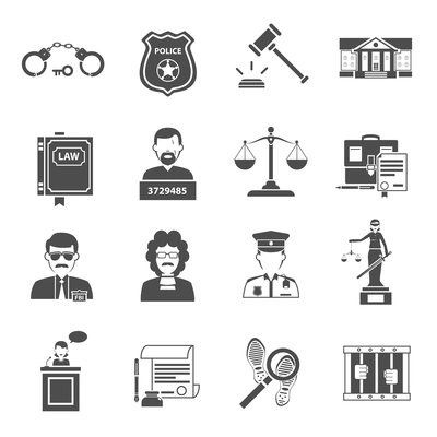 Law icon flat black set with lawyer courthouse judge isolated vector illustration