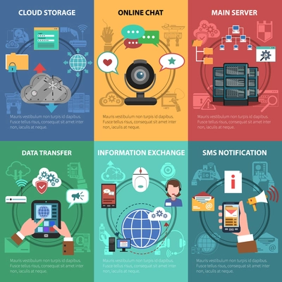 It device and cloud storage mini poster set isolated vector illustration