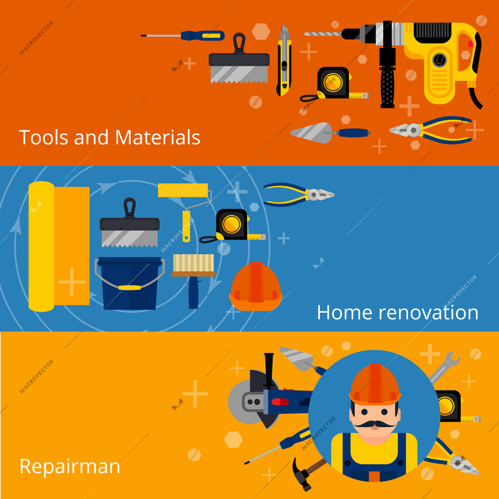 Home repairs and renovation horizontal concept banners with flat style power and hand tools and workman isolated vector illustration