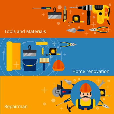 Home repairs and renovation horizontal concept banners with flat style power and hand tools and workman isolated vector illustration