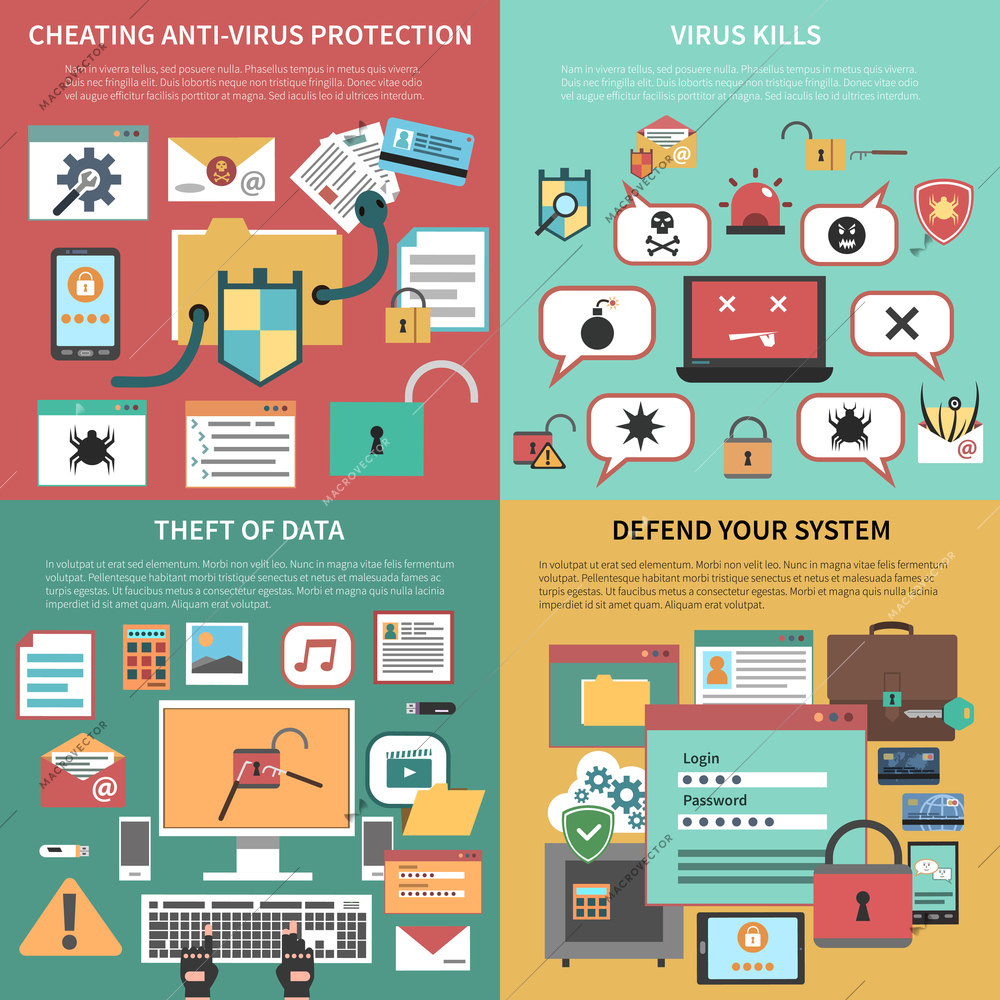 Defending against attacking antivirus software and data theft 4 flat icons square composition banner abstract vector illustration. Editable EPS and Render in JPG format