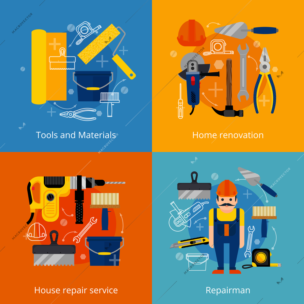 House repair service and home renovation flat icons set with power and hand tools materials and repairman isolated vector illustration