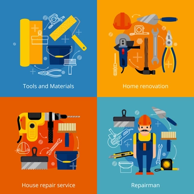 House repair service and home renovation flat icons set with power and hand tools materials and repairman isolated vector illustration