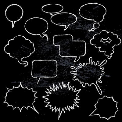 Comic speech bubbles icons collection various shapes on black background white outlined contours abstract isolated vector illustration