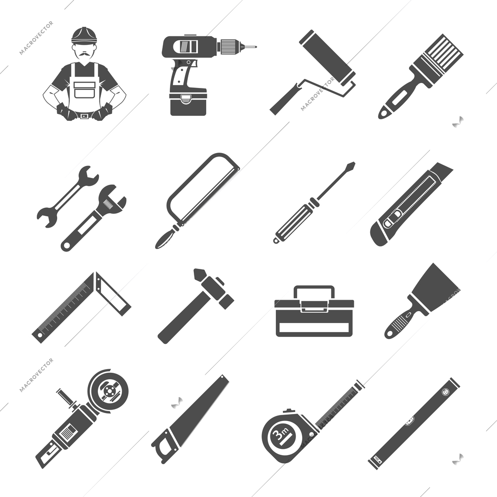 Tools icons flat black set with wrench drill worker isolated vector illustration