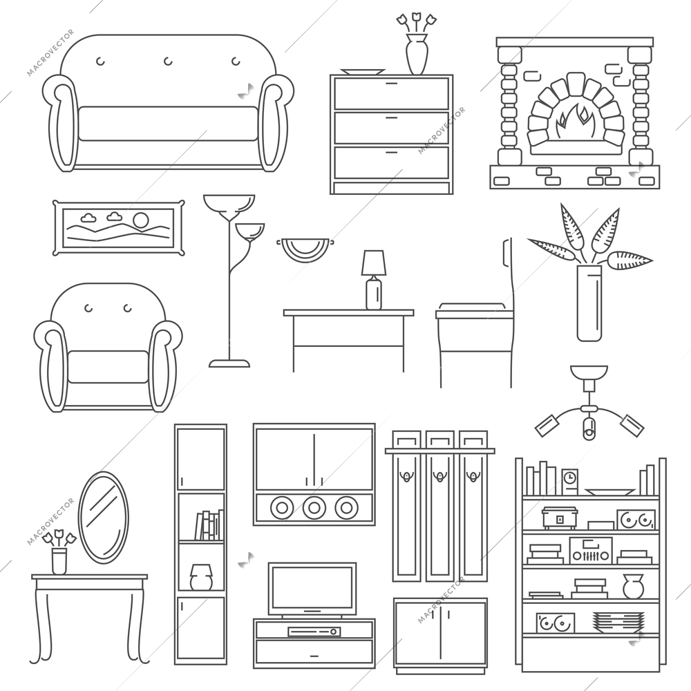 Interior furniture icons line set with chair table lamp isolated vector illustration