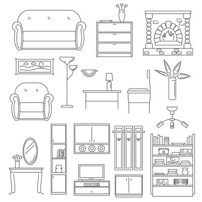 Interior furniture icons line set with chair table lamp isolated vector illustration