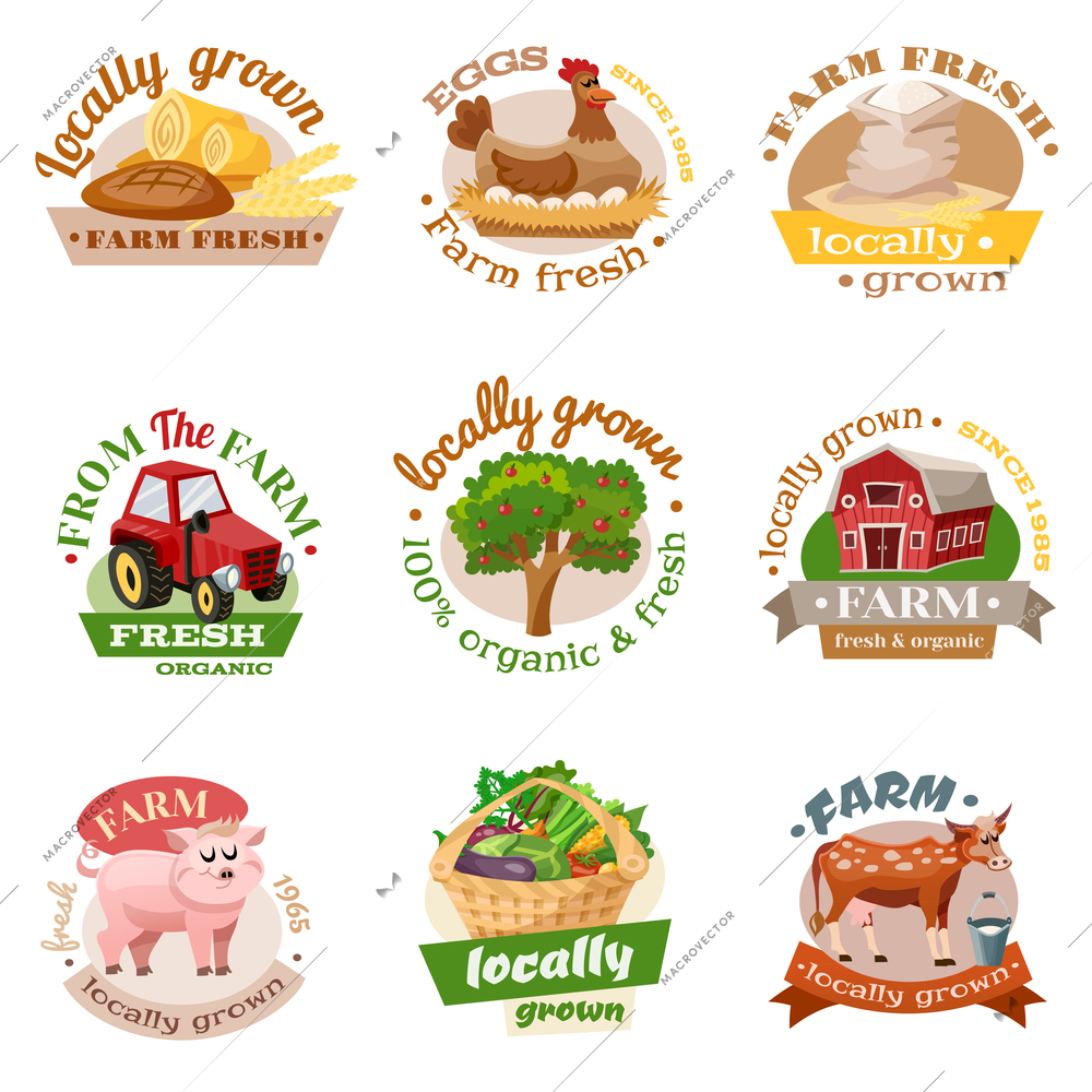 Farm organic fresh and locally grown production symbols and text flat color emblems set isolated vector illustration