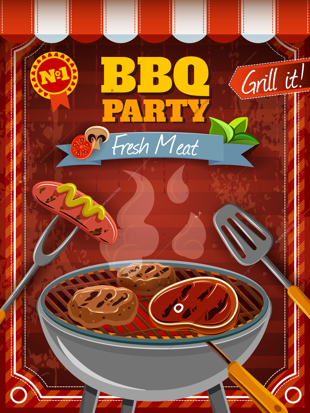 Barbecue party poster with hot meat and sausages on grill vector illustration