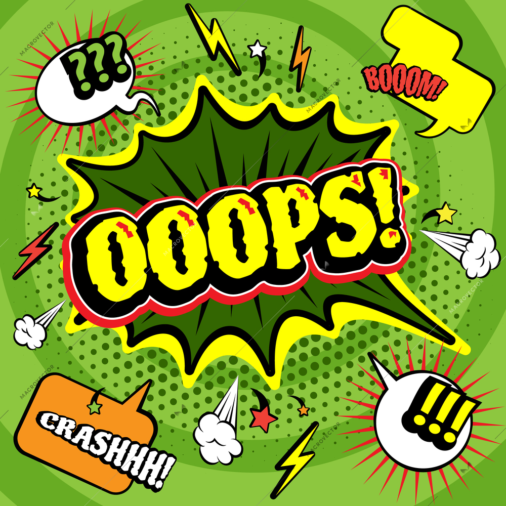 Big green jagged oops bubble comics  poster print with lightening and crash boom exclamations abstract vector illustration