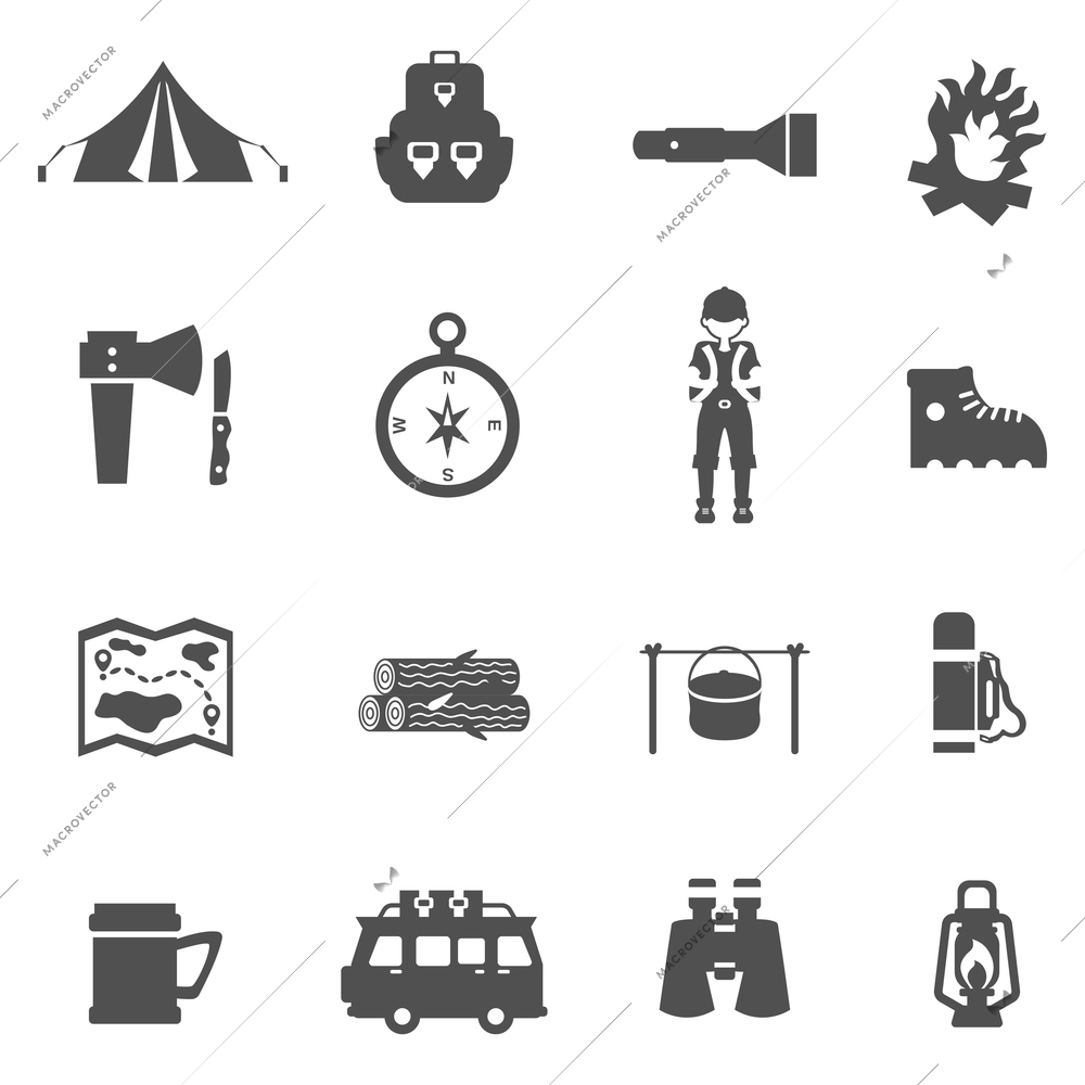 Camping tourism and recreation icons flat black set isolated vector illustration