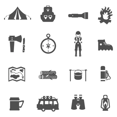 Camping tourism and recreation icons flat black set isolated vector illustration