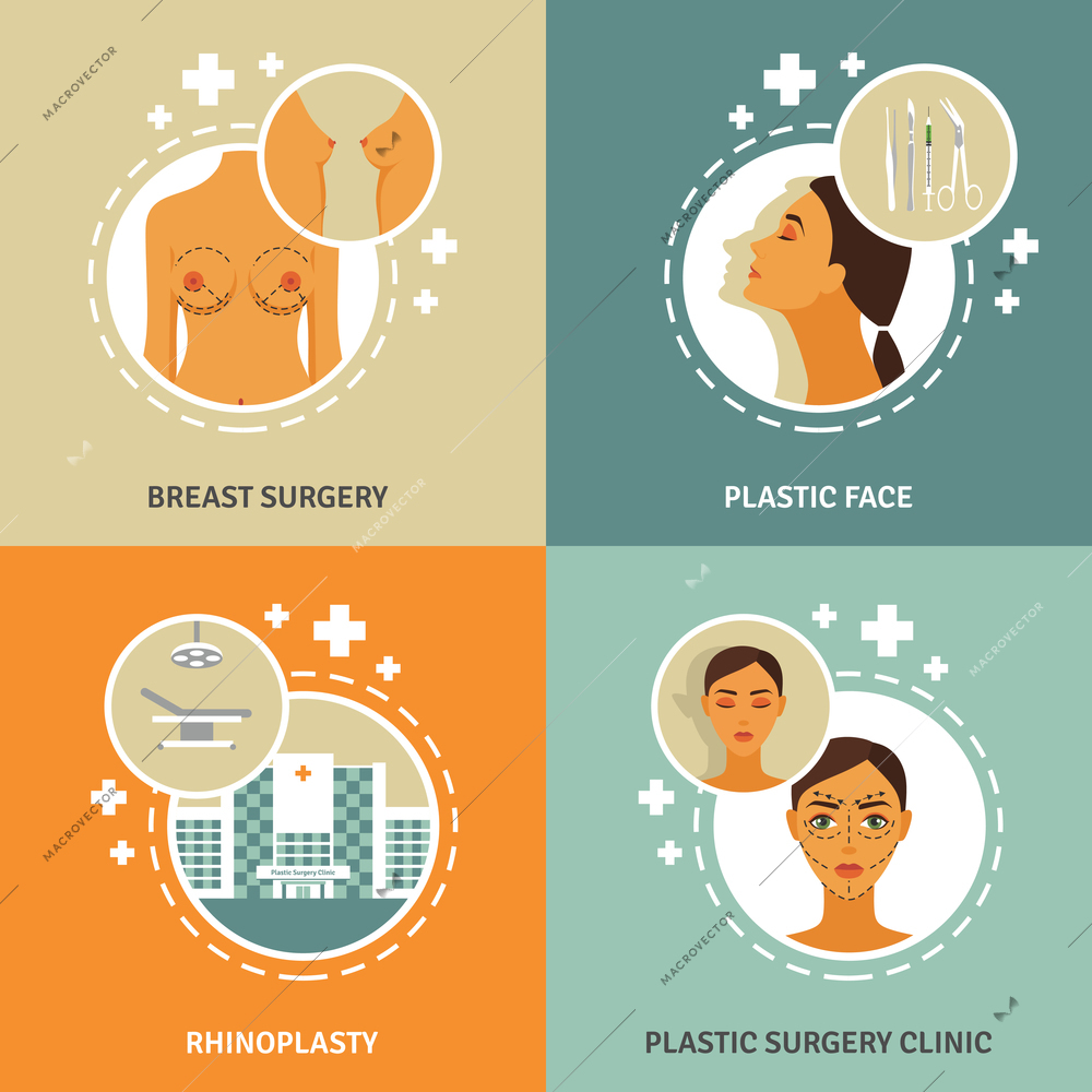 Cosmetic and plastic surgery procedures concept 4 flat icons square icons composition banner abstract isolated vector illustration