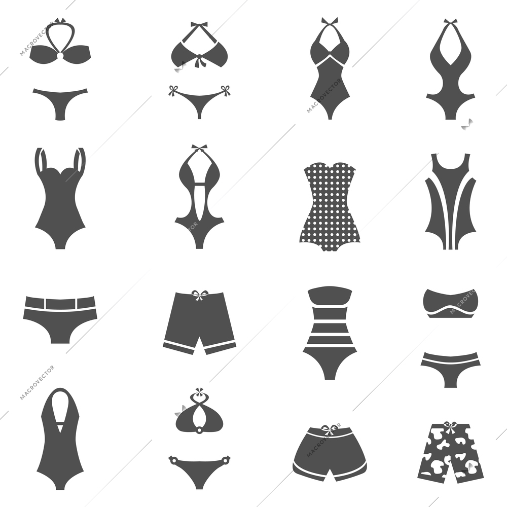 Woman fashionable swimwear black flat icons set isolated vector illustration