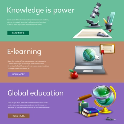 Education and study cartoon horizontal banners set with online and global learning isolated vector illustration