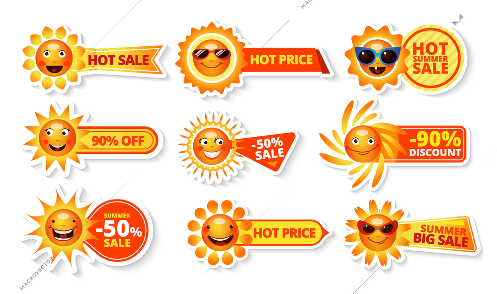 Summer sale tags with smiley sun and hot price with big discount labels isolated  vector illustration