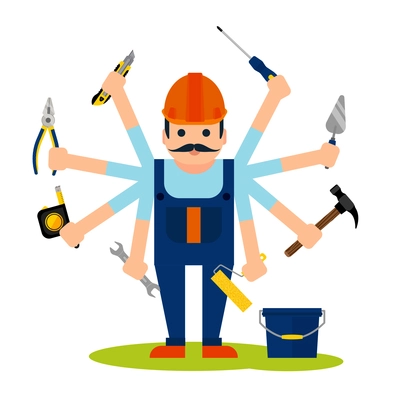 Flat style concept of handyman worker with 8 hands and tools for house maintenance repairs and renovation vector illustration