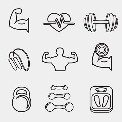 Fitness bodybuilding sport icons set of skipping rope dumbbells weight scales isolated vector illustration