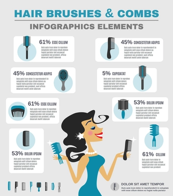 Comb infographics set with beautiful smiling female with hair brush vector illustration