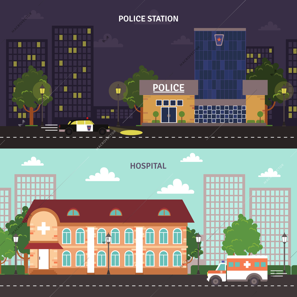 Day night police station and hospital city building street view flat banners set abstract isolated vector illustration