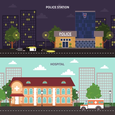 Day night police station and hospital city building street view flat banners set abstract isolated vector illustration