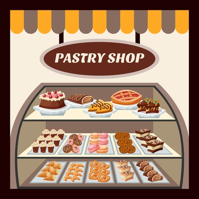 Pastry shop background with tasty cakes pies biscuits and donuts flat vector illustration