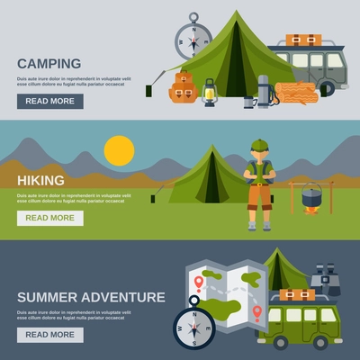 Camping horizontal banner set with hiking and summer adventure flat elements isolated vector illustration