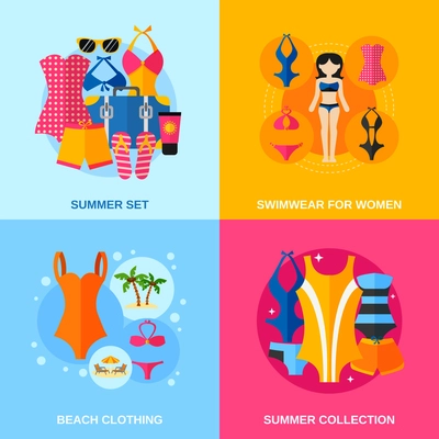 Swimwear for woman summer collection and beach clothing flat color decorative icon set isolated vector illustration