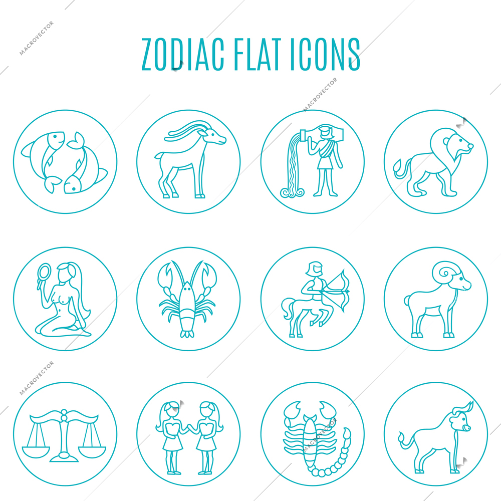 Zodiac icon line set with esoteric fortune telling symbols isolated vector illustration