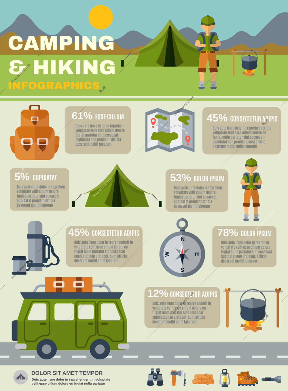 Camping infographics set with hiking and adventure symbols vector illustration