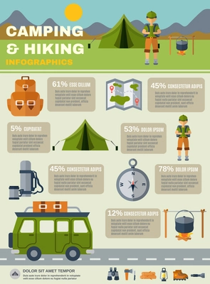 Camping infographics set with hiking and adventure symbols vector illustration