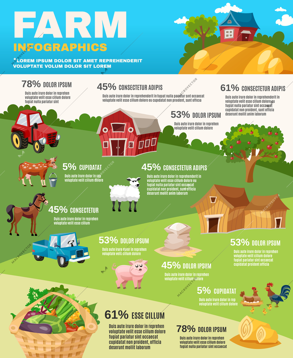 Farm infographics set with retro field and garden cartoon elements vector illustration