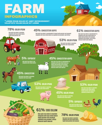 Farm infographics set with retro field and garden cartoon elements vector illustration