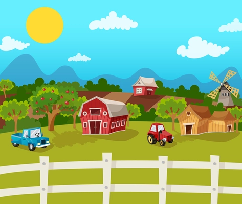 Farm cartoon background with apple garden in rural landscape vector illustration