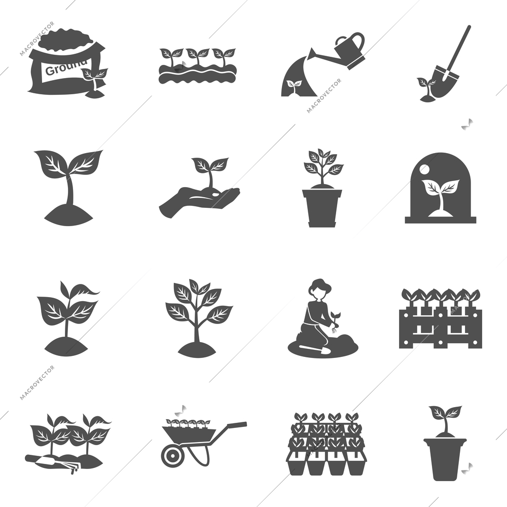 Plant seedling watering and digging equipment black flat icons set isolated vector illustration