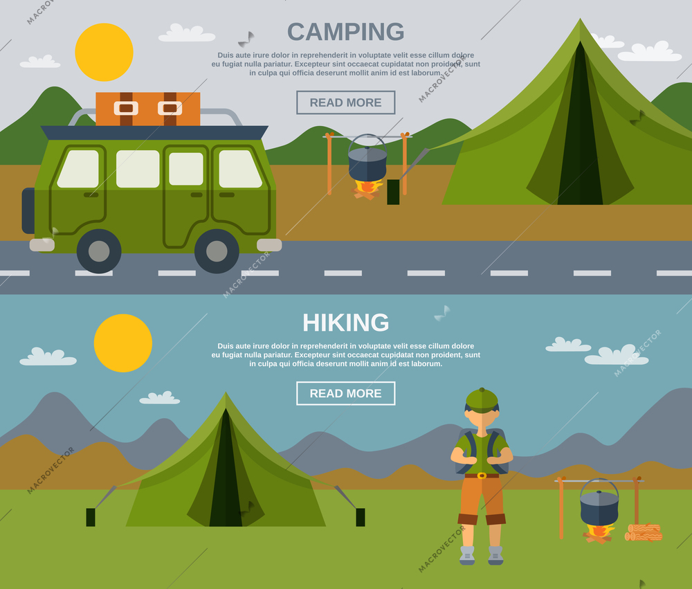 Camping horizontal banner set with hiking flat elements isolated vector illustration