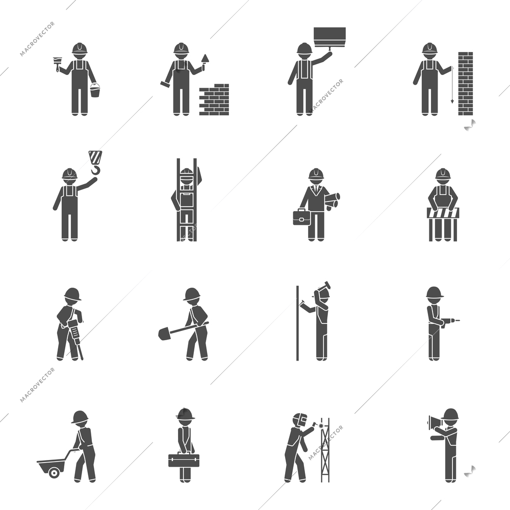 Builders and worker welder bricklayer handyman and plasterer silhouette flat black icon set isolated vector illustration