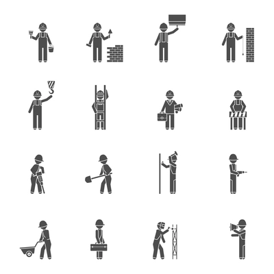 Builders and worker welder bricklayer handyman and plasterer silhouette flat black icon set isolated vector illustration