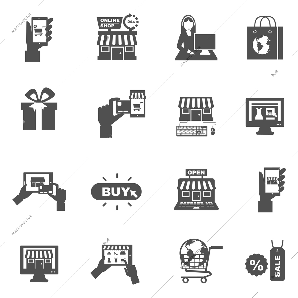 Internet sale web store shopping and delivery flat black silhouette icon set isolated vector illustration