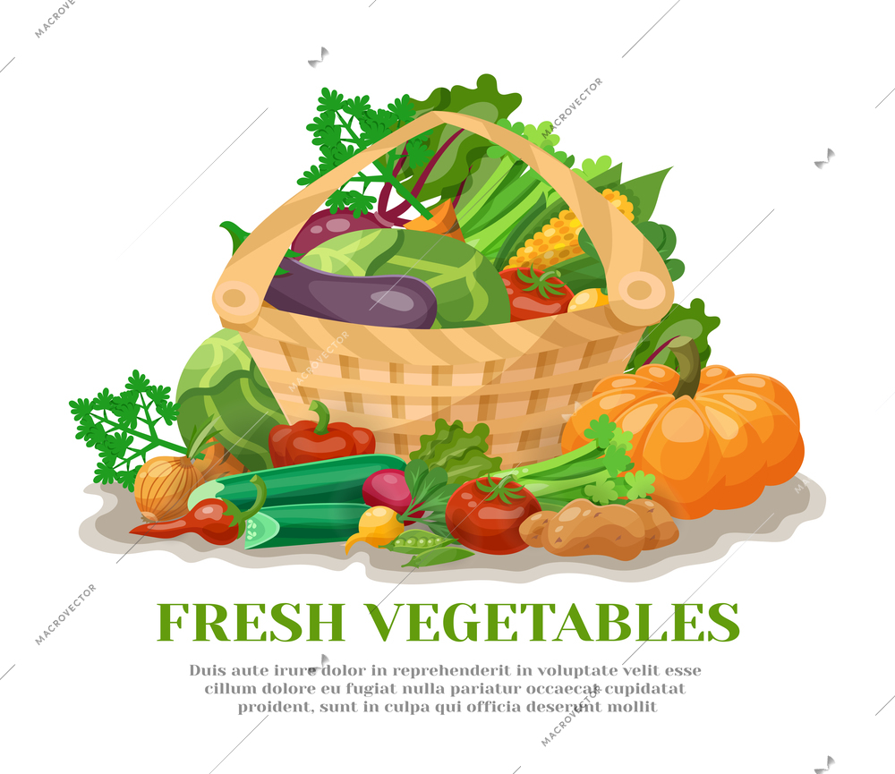 Still life with basket full of fresh natural vegetables flat vector illustration