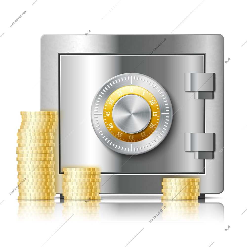 Realistic steel safe icon security concept with code lock and pile of coins vector illustration