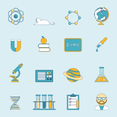 Science research scholarship and study symbols and devices flat lined color icon set isolated vector illustration