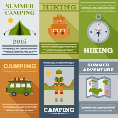 Summer camping and hiking mini poster set isolated vector illustration