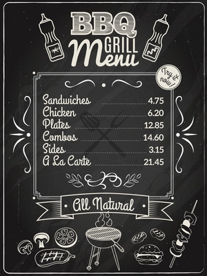 Grill meat and barbecue restaurant menu on chalkboard vector illustration