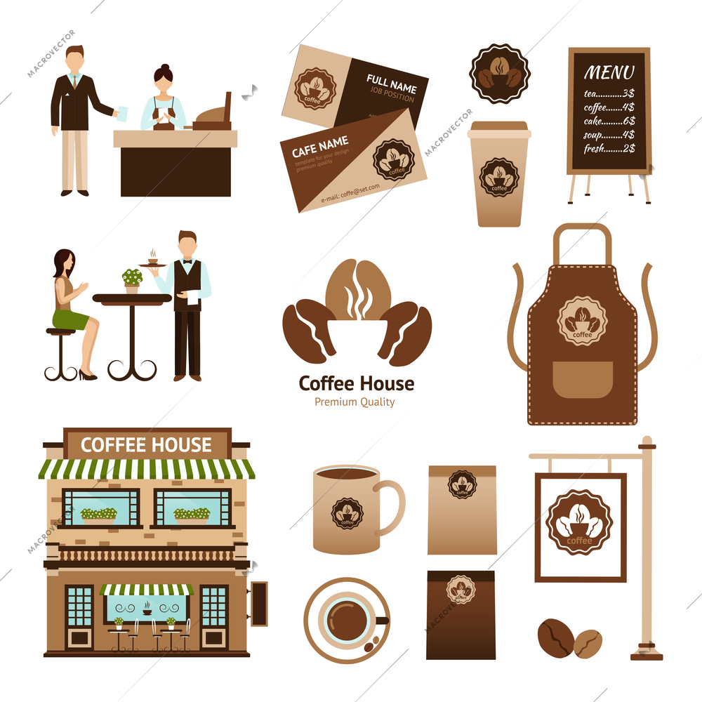 Coffee house and cafe icons set with cup table waiter isolated vector illustration