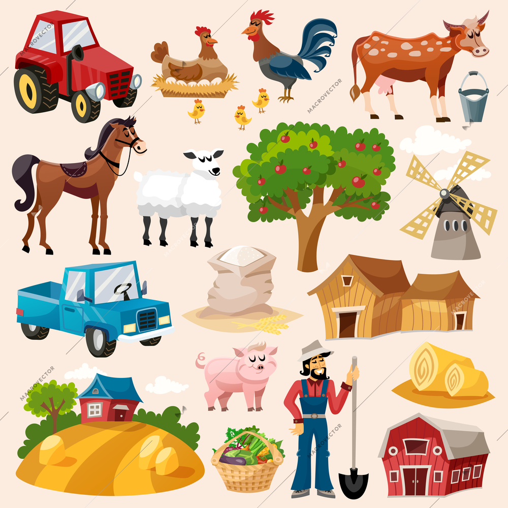 Farm decorative icon set with windmill cow pig and farmer cartoon isolated vector illustration