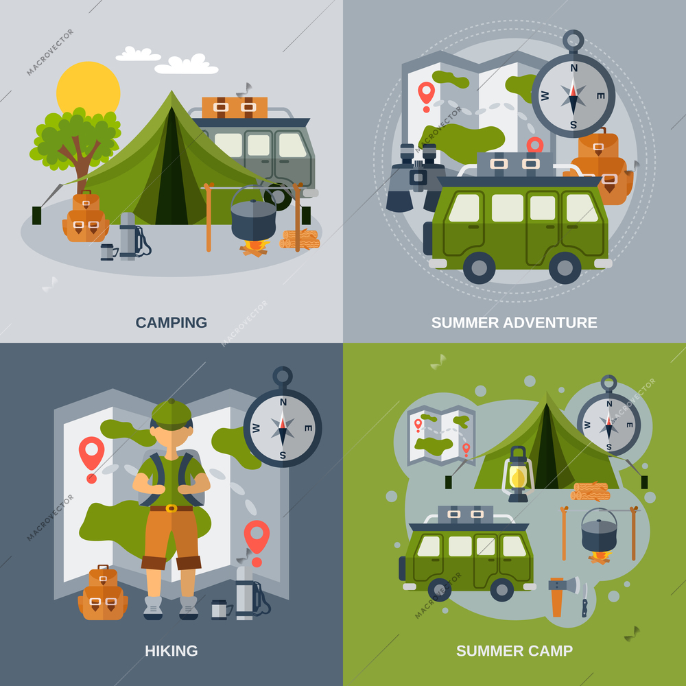 Camping design concept set with hiking and summer adventure flat icons isolated vector illustration